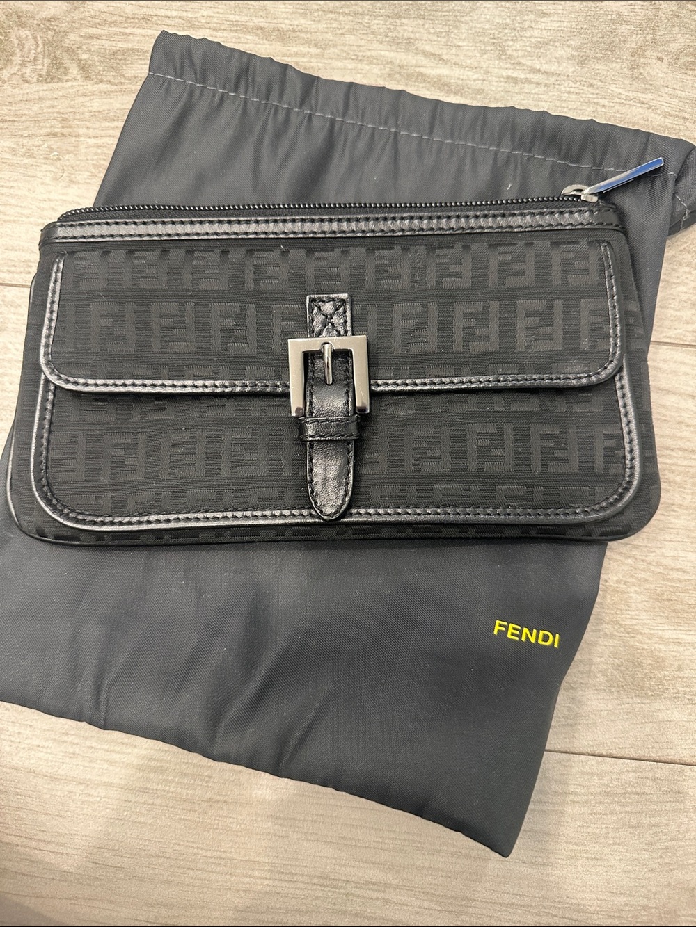 Fendi Black FF Zucca Logo Leather-Trim Clutch Wallet